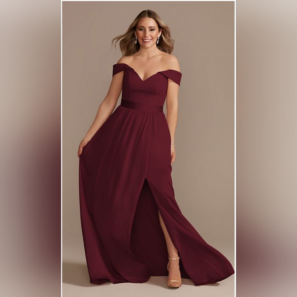 David's Bridal Off Shoulder Bridesmaid Dress in Burgundy